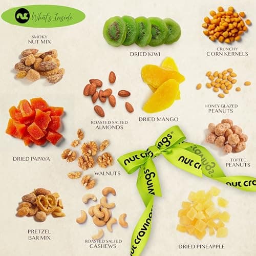 NUT CRAVINGS - Holiday Christmas Dried Fruit & Mixed Nuts Gift Basket in Reusable Wooden Tray + Ribbon (12 Assortments) Xmas Treats for Adults, Food Arrangement, Healthy Snack Care Package, Kosher