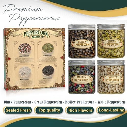 Gourmet Peppercorn Gift Set with Wooden Pepper Mill in Gift Box - 4 Variety (Green, Black, White, Medley). Unique Christmas Gifts for Dad Gifts Stocking Stuffers for Adults Mother Day Fathers Day