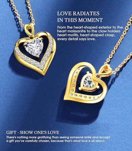 2-3 Ct Moissanite Double Heart Pendant Necklaces for Wife, 18K Gold Plated S925 Silver Jewelry for Women Girlfriend Mom Her on Anniversary Birthday