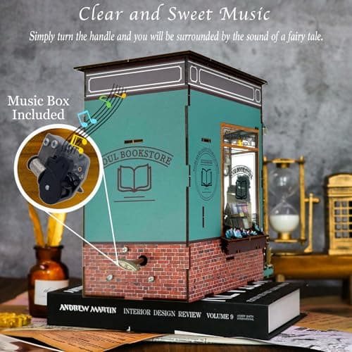 DIY Book Nook Kit with Music Box, Wooden 3D Puzzle Dollhouse with LED, Miniature House Kit Bookends for Adult and Teen, Bookshelf Decor, Creative Gift for Friends and Family. Soul Bookstore