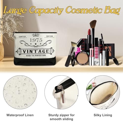 50th Birthday Gifts for Women Canvas Tote Bag Travel Gear, Unique 50 Years Old Gifts for Wife Sister Mom Aunt Friends Her, Vintage 1975 Handbag & Cosmetic Bag & Back in 1975 Poster