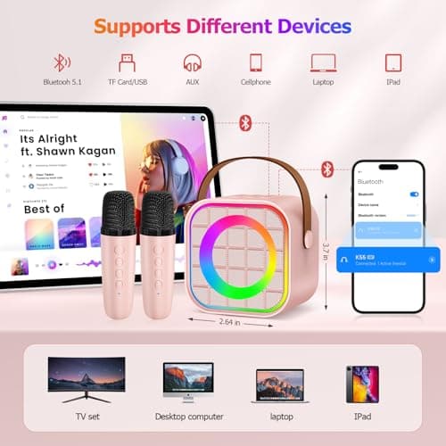 Mini Karaoke Machine with 2 Wireless Microphone, Portable Pink Bluetooth Speaker for Kids Adult, Birthday Teen Toys Gifts Ideas for Girls Ages 4 5 6 7 8 9 10 11 12+ Year Old, Family Home Party