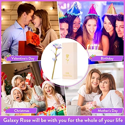 Christmas Flowers Gifts for Women, Mom Birthday Gifts for Christmas, Galaxy Glass Rose Forever Preserved Flowers Eternal Crystal Roses Xmas Gifts for Grandma Wife Sister Her Friends, Colorful