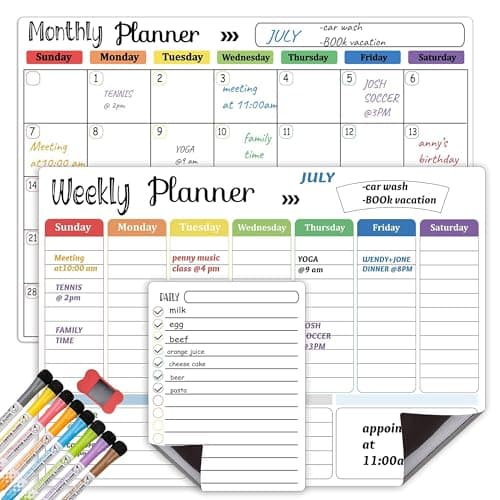 Hivillexun Magnetic Dry Erase Calendar Whiteboard Set (3-Pack) for Fridge, Wall, and Refrigerator Organization – Monthly, Weekly, and Daily Planners with 8 Markers and Eraser