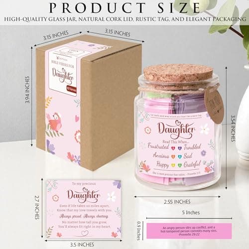 Bible Verse Jar for Daughter – 92 Encouraging Scriptures by Emotion, Christian Gift from Mom or Dad, Inspirational Jar for Teen Girls & Adult Daughter