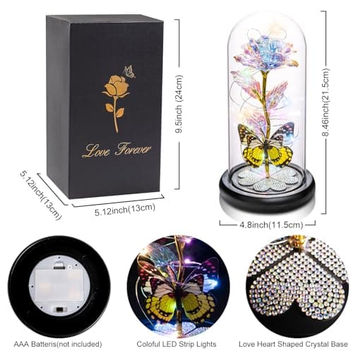 Birthday Gifts for Women Mom, Galaxy Glass Rose Forever Eternal Crystal Flower Light Up Rose in Glass Dome with Butterfly Mothers Day Christmas Rose Gifts for Her Wife Daughter Friends Colorful