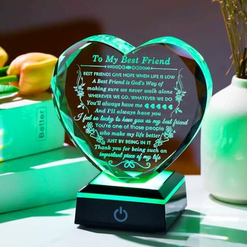 Best Friend Birthday Gifts with Colorful LED Base Crystal to My Best Friend Heart Gifts Friendship Gift for Women for Christmas Female Friend Gift Ideas BFF Gift for Her, Bestie Gifts