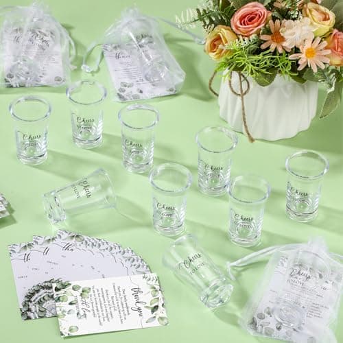 Uiifan 50 Sets Wedding Favors for Guests Wedding Shot Glasses Acrylic Clear Plastic Shot Glasses with Thank You Cards and Organza Bags for Guest Newlyweds Bridal Shower Gift (Cheers to Love)