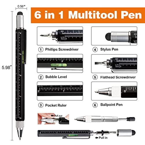 Magnetic Pickup Tool and 6 in 1 Multitool Pen with Touch Screen Stylus, Rulers, Bubble Level, Flathead, Phillips Screwdriver, Ballpoint Pen, Christmas Gifts Stocking Stuffers for Men, Teen Boys, 2Pack