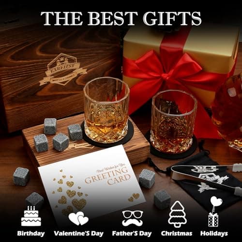 Whiskey Stones Gift Set - Whiskey Glass Set of 2 - Granite Chilling Whiskey Rocks - Scotch Bourbon Box Set -Father's Day Birthday Gifts for Men Drinking Gift for Dad Him Husband Party Holiday Present