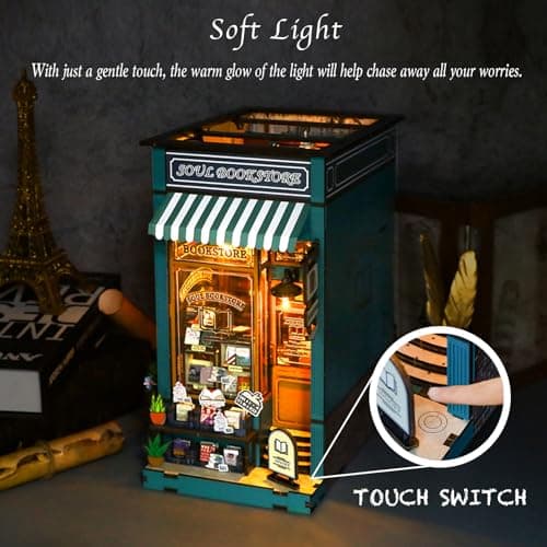 DIY Book Nook Kit with Music Box, Wooden 3D Puzzle Dollhouse with LED, Miniature House Kit Bookends for Adult and Teen, Bookshelf Decor, Creative Gift for Friends and Family. Soul Bookstore