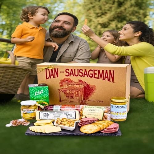 Dan the Sausageman Juneau Gourmet 8 items Gift Basket - Original Summer Sausage, Wisconsin Cheese, Mustard, Craker, Olives, Nuts and Candy | Gift Snack Box