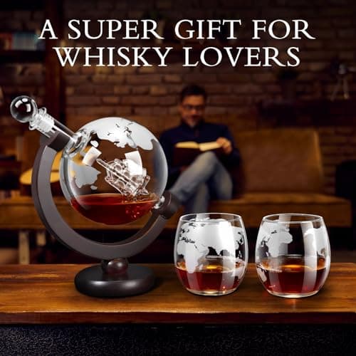 Whiskey Decanter Sets for Men, Whiskey Decanter Globe Set with 2 Etched Globe Whisky Glasses for Liquor, Bourbon, Cocktails, Vodka, Scotch liquor decanter Sets - 850ml