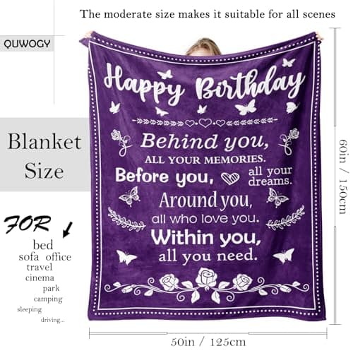 Birthday Gifts for Women/Men/Her/Him Friendship Blanket Purple 60"x50", Happy Birthday Decorations Women/Men Throw Blanket, Bday Gifts for Women Unique, Best Birthday Gift Idea