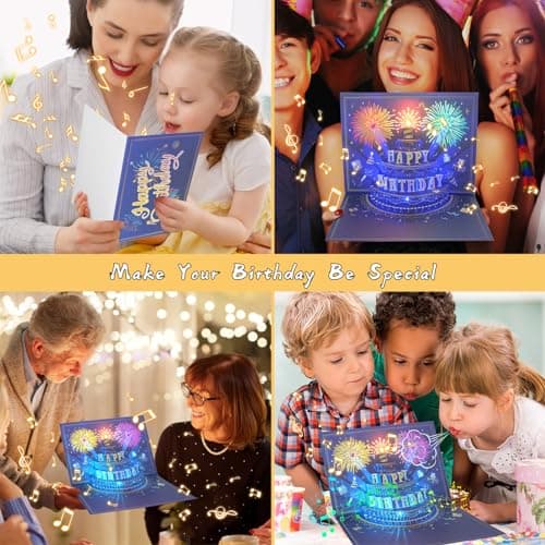 UPGRADED 3D Pop Up Firework Birthday Cards, Musical LED Lights Birthday Cards with Blowable Birthday Cake, Greeting Cards, Birthday Gifts for Mom Women Men Kids Child Dad Father Wife