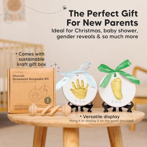 Baby Hand and Footprint Kit Girls, Boys - Personalized Baby’s First Christmas Ornament Kit, Newborn Christmas Gifts for New Mom, Cute Shower Gifts, Easy to Use Handprint Ornaments(Gold Paint, Cherish)