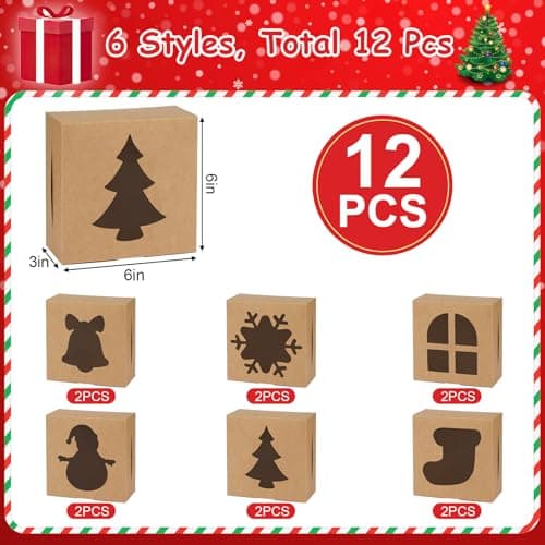 12 PCS Christmas Cookie Boxes, 6×6×3 Inches Treat Boxes Tin, Small Pastry Boxes with Window, for Gift Giving Packaging Dessert Bakery Cupcake Baked Goods (Brown)
