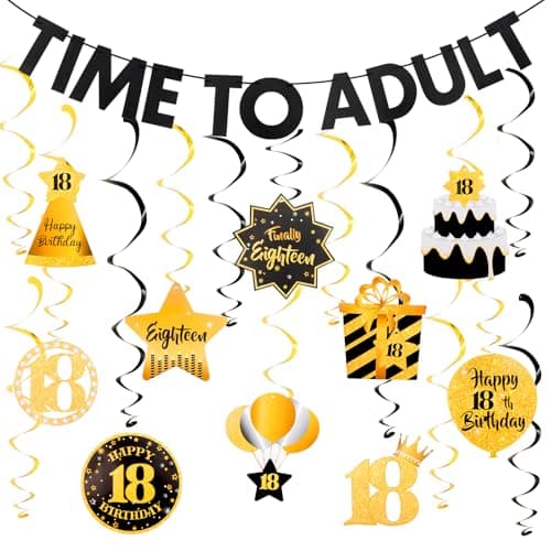 Black&Gold 18th Birthday Decorations for Boys Girls Happy 18th Birthday Decorations for Men Women Pre-Strung Time to Adult Banner and Hanging Swirls 18 Years Old Party Supplies