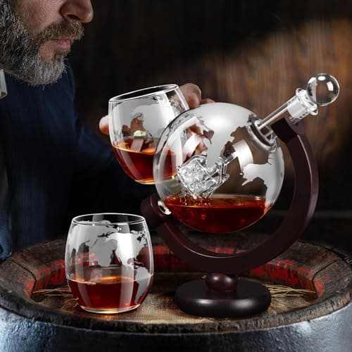 Whiskey Decanter Sets for Men, Whiskey Decanter Globe Set with 2 Etched Globe Whisky Glasses for Liquor, Bourbon, Cocktails, Vodka, Scotch liquor decanter Sets - 850ml