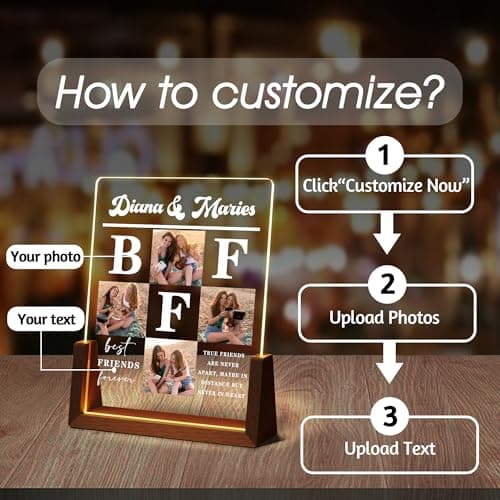 Personalized Best Friend Birthday Gifts for Women, Unique Friendship Gifts, Custom Acrylic Night Light Friend Picture Frame with Photo Name, Long Distance BFF Sister Bestie Christmas Gift