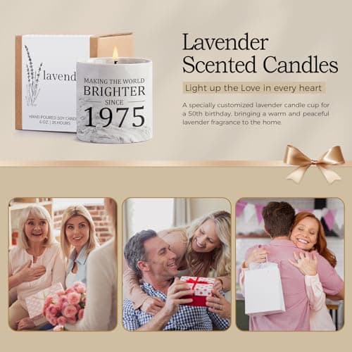 50th Birthday Gifts for Her - Gift for 50 Year Old Birthday Woman - 1975 Bday Gifts for Women - 50 Year Old Present Idea for Her Him, 6oz Lavender Ceramics Candle