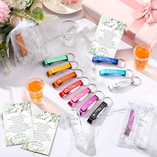200 Pcs 50 Sets Wedding Favors for Guest Bulk 2 oz Cheers to Love Acrylic Shot Glasses Wedding Bottle Openers with Thank You Cards Bags for Guest Souvenirs Gifts Newlyweds Bridal Shower