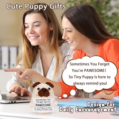 Positive Crochet Animals Puppy for Mom Women Friend Birthday, Emotional Inspirational Support Presents for Pet Lover Dog Mom Dad, Cute Handmade Tiny Pug Plush Doll
