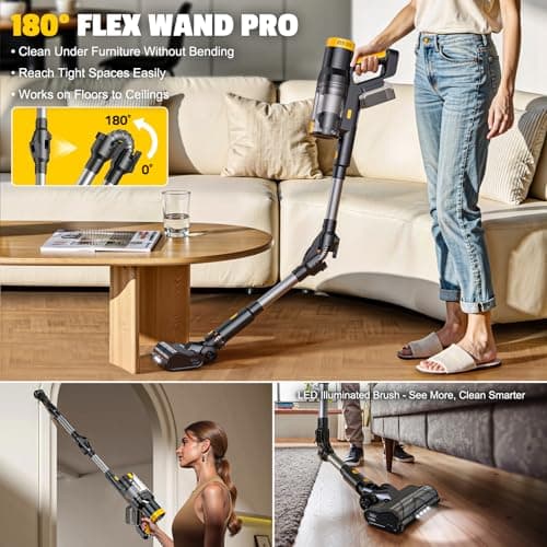 LIVOWALNY Cordless Vacuum Cleaner Compatible with DeWalt 20V Battery, 350W Brushless 40kPa Suction, 0.8L Dual Dust Cup, LED Floor Brush & 180° Flex Wand for Hardwood & Carpet (Battery Not Included)