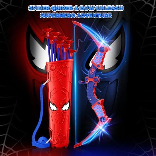 Spider Toys for Boys Age 3-4 4-6 6-8 8-12, Kids Toy BowArrow Shooting Set with Red & Blue LED Lights, Spider Quiver & Web Target, 8 Suction Cup Arrows, Toys Gifts for 3 4 5 6 7 8 9 10 12 Year Old Boys