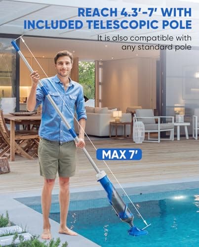 Cordless Pool Vacuum with Telescopic Pole, 18.5 GPM Powerful Suction, 1.5H Supercharge Technology, Handheld Rechargeable Pool Vacuum Cleaner for Above Ground/Inground Pools, Hot Tubs, Spas
