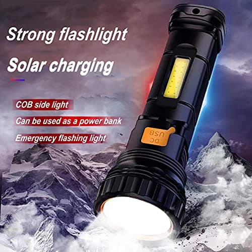 Solar/Rechargeable Multi Function 1000 Lumens LED Flashlight, with Emergency Strobe Light and 1200 Mah Battery, Emergency Power Supply and USB Charging Cable, Fast Charging (1PC)