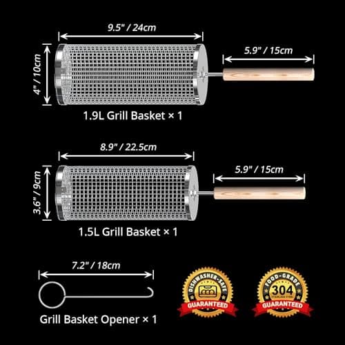 Rolling Grill Basket, Removable Wooden Handle, 304 Stainless Steel, Nesting Smoker Net, BBQ Accessories Tools for Vegetable Shrimp, Outdoor Cooking Camping, Birthday Gifts for Men Dad Husband
