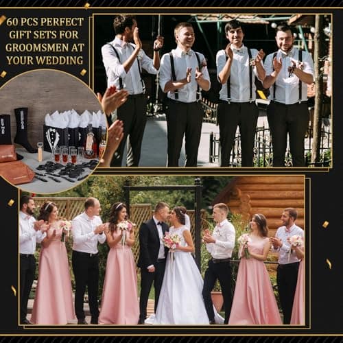 60Pcs Groomsmen Gifts Groomsmen Proposal Box with Shot Glasses Socks Sunglasses PU Leather Toiletry Bag Bottle Opener Can Cooler Groomsman Gifts for Wedding Groomsmen Best Man Gift (60, Brown)