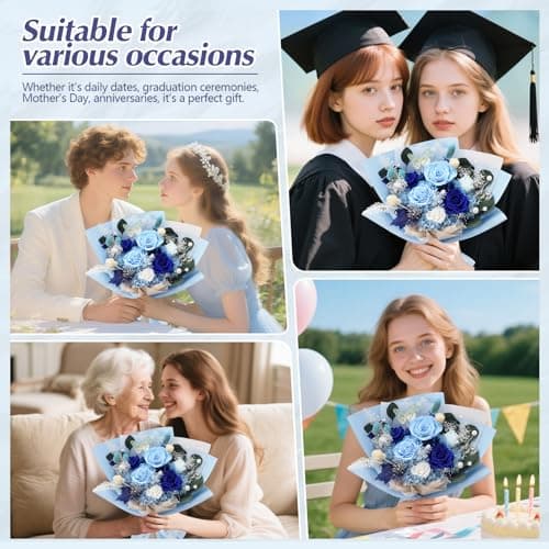 Casaido Preserved Flowers for Delivery, 6 Blue Roses Bouquet, Birthday Gifts for Women, Christmas Rose Gifts for Mom Wife Girlfriend, Forever Real Flowers for Valentines Day Anniversary