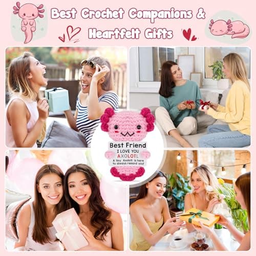 Friendship Gift Crochet Axolotl, Tiny Handmade Present for Best Friend, Sisters, Coworker Work Bestie, Funny for Birthday, Valentines, Christmas, Easter, Mother's Day, Graduation