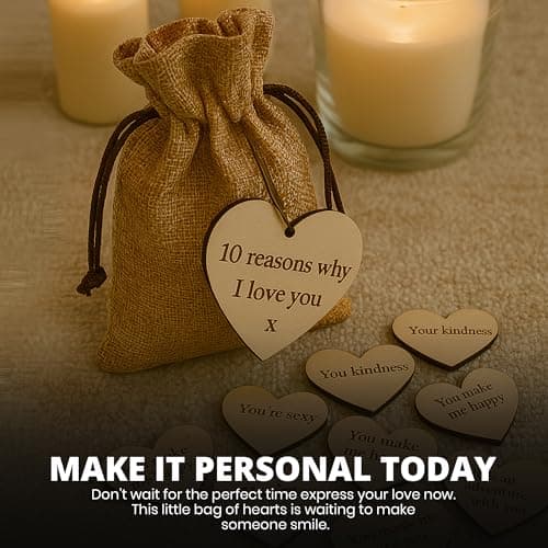 10 Reasons Why I Love You Wooden Hearts - Romantic Anniversary and Valentine’s Gift with 10 Unique Messages in Hessian Bag - Thoughtful Keepsake for Him or Her - Eco-Friendly No Plastic