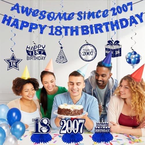 11Pcs 18th Birthday Decorations Kit for Boys Men, Blue Sliver Happy 18th Birthday Banner, Awesome Since 2007 Centerpieces Swirls Party Supplies, Eighteen Bday Banner Ceiling Table Topper Sign