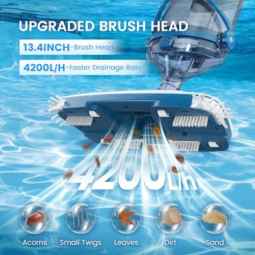 ENHULK Pool Vacuum for Above Ground Pools, 2025 Upgraded 13.4" Wide Head & Telescopic Pole, 18.5 GPM Suction, 60 Min Runtime, Cordless Handheld Rechargeable Pool Cleaner for Inground Pools (Blue)