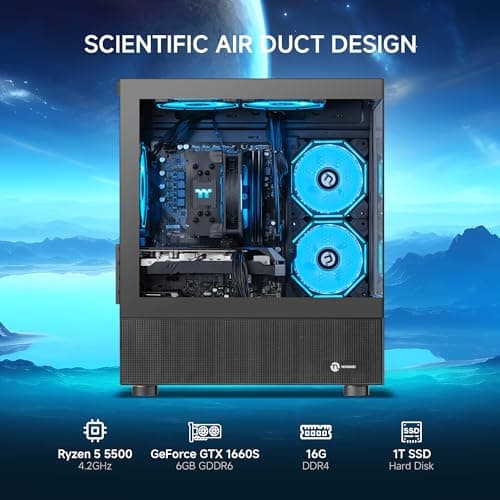 Gaming PC Desktop Computer,AMD Ryzen 5 5500 4.2 GHz,GeForce GTX 1660 Super 6GB,1TB NVMe SSD,16GB DDR4 3200MHz, Air Cooled Prebuilt,650W PSU,Windows 11 Home, Gamer PC, Black