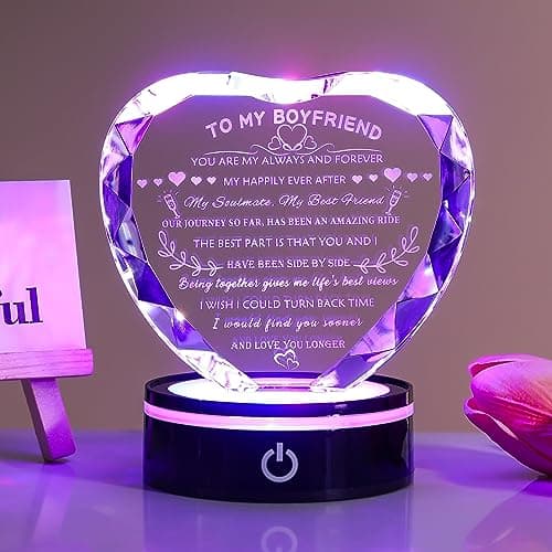 YWHL Gifts for Boyfriend with Colorful LED Base Unique Birthday Gift Ideas from Girlfriend Romantic Heart Crystal Keepsakes to My Anniversary Christmas Valentine Day Clear 4.33*3.74*.1.18