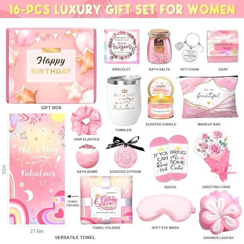 Birthday Gifts for Women, Happy Birthday Gifts Basket for Women Self Care Gift Get Well Soon Gifts, Rose Relaxing Spa Gift Basket with Beach Towel, Woman Birthday Gift for Sister Coworker Her Bestie