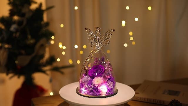 RoseValley Angel Roses Gifts for Mom,Preserved Real Flowers Roses in Glass Angel Figurines,Christmas Birthday Gifts for Grandma Women Mom Wife Mother in Law/Purple