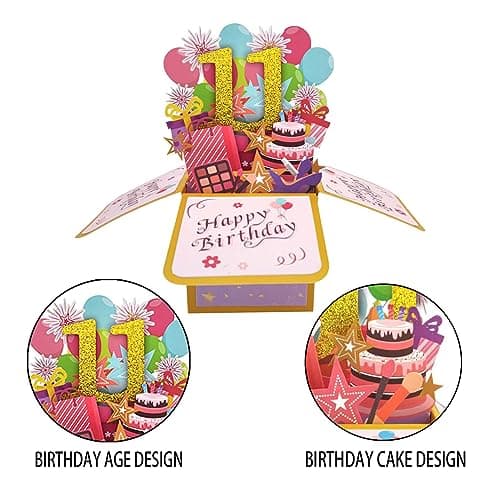 Asmallgf Happy 11th Birthday Popup Card for Daughter Son, Sweet Gift for 11 Years Old Girl Boy, Awesome Eleven Birthday 3D Greeting Card for Him Her