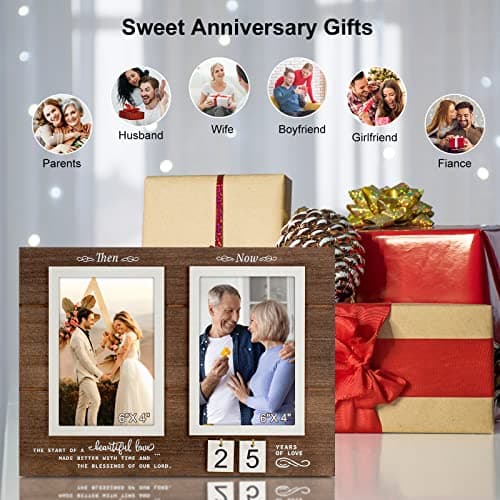 Then & Now Anniversary Picture Frame, 1-99 Years Wedding Gift Ideas - Anniversary Wood Photo Frame, Engagement Bridal Shower Gifts with Sentimental Quote - Holds 2 4x6 Inches Photos (Then & Now)