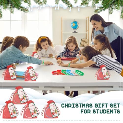 Liliful 72 Pcs Christmas Gifts 24 Set Christmas Students Gifts, Xmas Silicone Wristbands with Gift Label Tags and Organza Bags for Kids Stocking Stuffers Classroom Gift Party Favors(Merry Style)