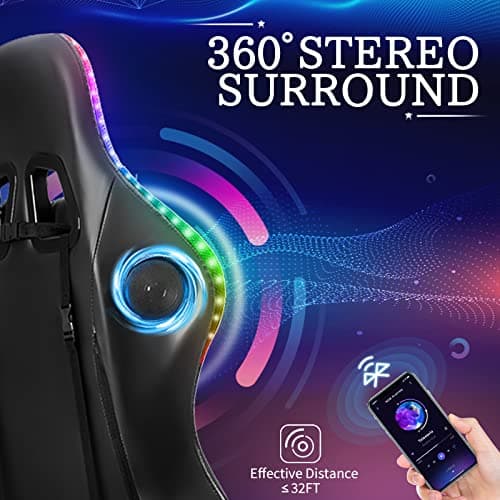 HOFFREE RGB Gaming Chair with Speakers Massage Computer Gaming Chair with LED Lights and Footrest High Back Video Game Chair for Adults Blue and Black