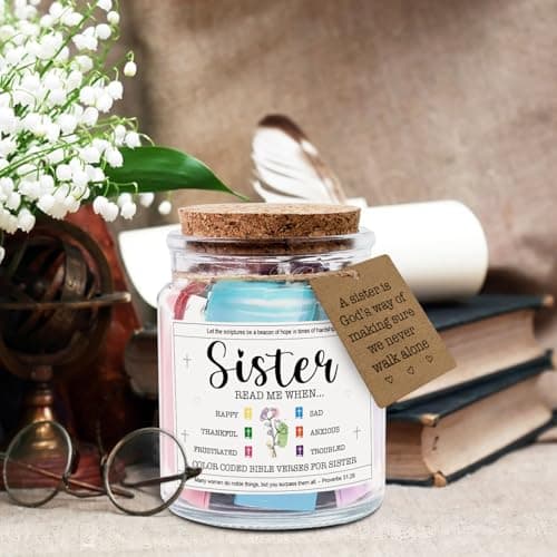 NewEleven Sister Birthday Gifts - Gift For Sister, Soul Sis, Sisters In Law - Sisters Gifts From Sister, Brother, Friend, Family - Decorative Glass Scripture Jar With 92 Bible Verse