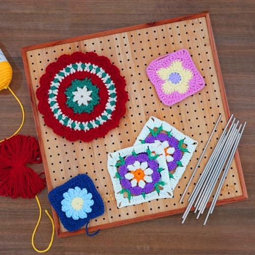 HHSarioneiro 11.8" Crochet Blocking Board with 16 Pins/Pegs, Granny Square Blocking Boards for Crochet Projects, Wooden Crocheting Accessories Gifts for Crocheters