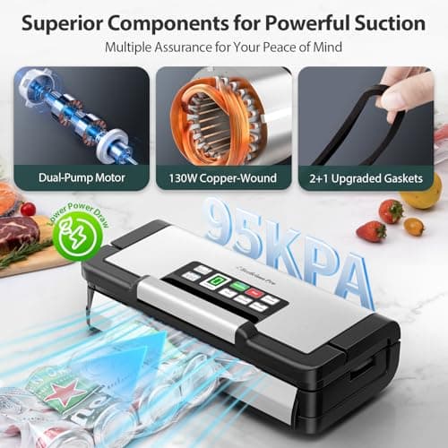 95kPa Vacuum Sealer Machine with AquaLock Technology, for Moist Seals, 2X Seal & 130W, Fully Automatic Food Sealer, Built-In Cutter, Bag Storage & Hose, Precision Sealing, 2 Bag Rolls,Stainless Steel