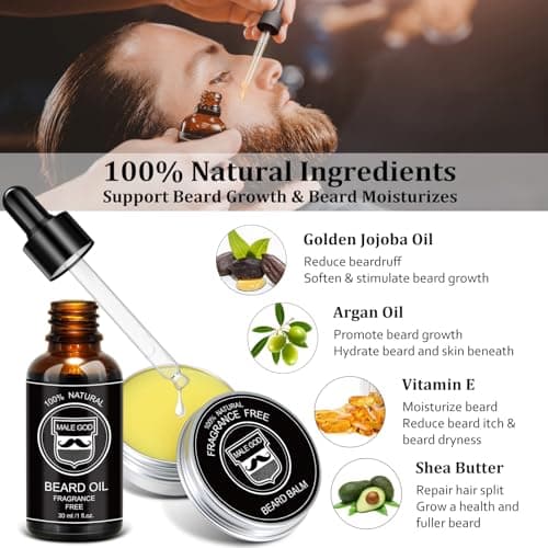 MALE GOD Beard Kit w/Beard Oil, Balm, Brush, Comb - Nourish & Soften Beard, Natural Shea Butter, Suitable for All Skin, Anniversary & Birthday Gifts for Men Him Husband Boyfriend Dad Friends